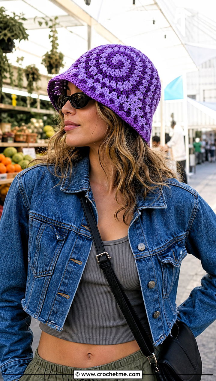 Granny Stitch Swirl Bucket Hat With Denim Jacket And Cargo Pants - 30 crochet swirl hat outfit ideas