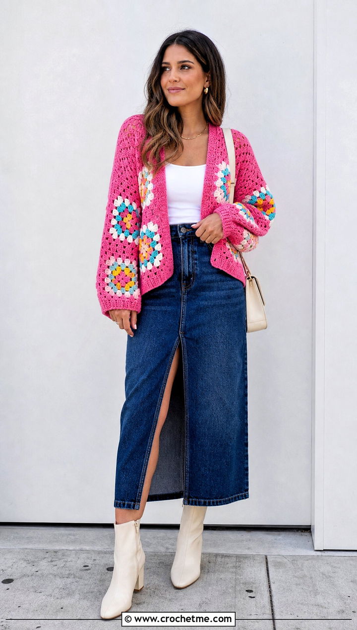 Granny Stitch Top Down Crochet Cardigan With Denim Midi Skirt - 30 top down crochet cardigan outfit ideas