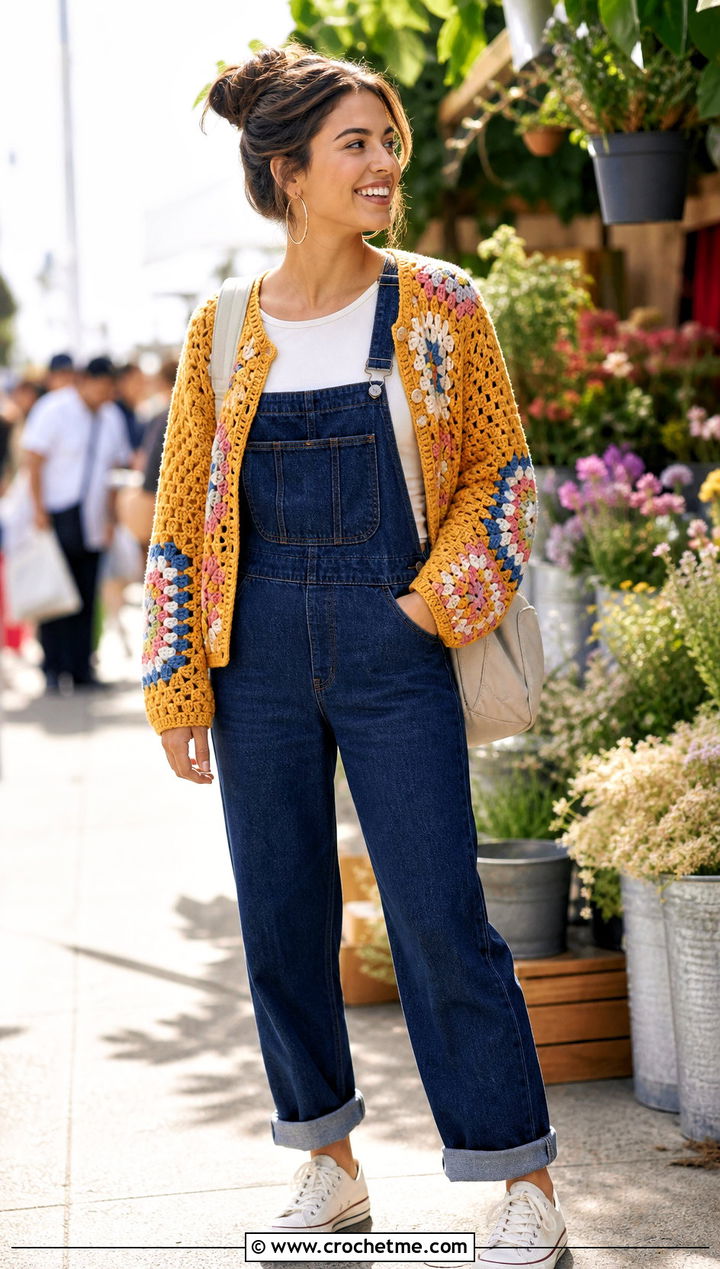 Granny Stitch Top Down Crochet Raglan Cardigan With Overalls - 25 top down crochet raglan cardigan outfit ideas