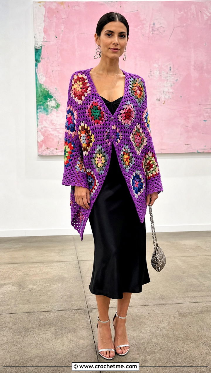 Granny Stitch Triangle Buttoned Crochet Wrap With Slip Dress - 15 Buttoned Crochet Wrap outfit ideas