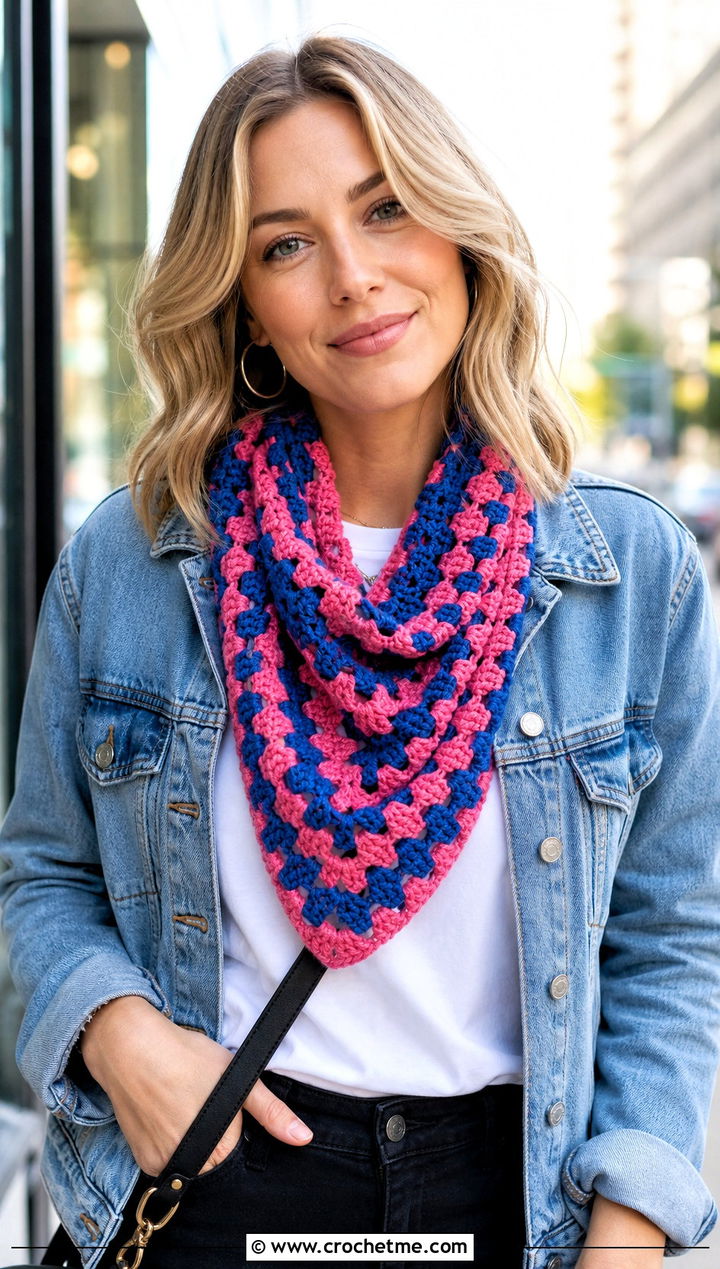 Granny Stitch Triangle Cowl With Denim Jacket - 30 crochet triangle cowl outfit ideas
