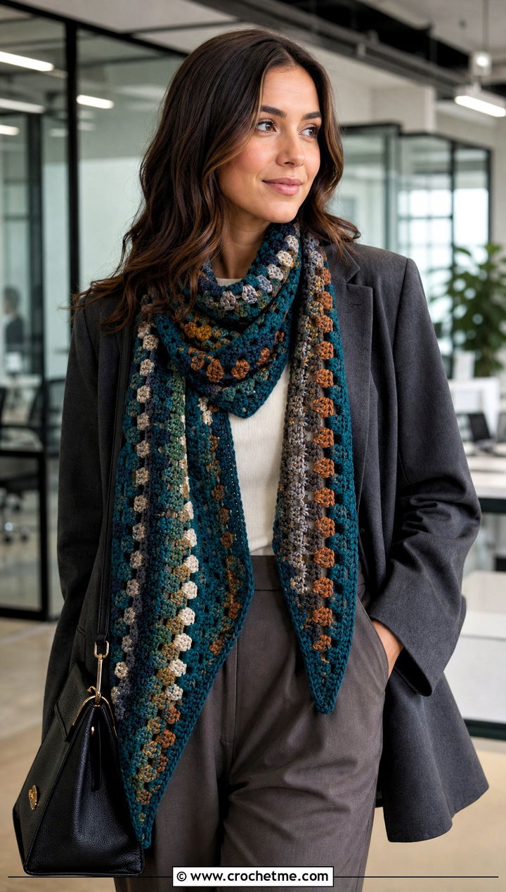 Granny Stitch Triangle Crochet Scarf With Blazer - 15 Boho Triangle Crochet Scarf outfit ideas