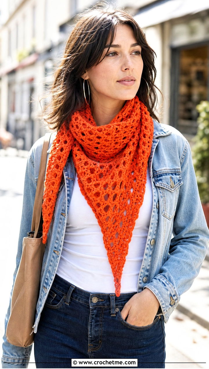 Granny Stitch Triangle Crochet Scarf With Denim Jacket And Jeans - 15 One Skein Triangle Crochet Scarf outfit ideas