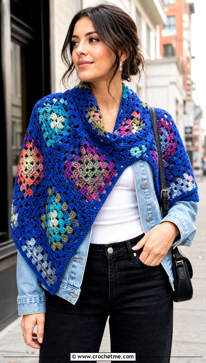 Granny Stitch Triangle Crochet Shawl With Denim Jacket - 25 triangle crochet shawls outfit ideas