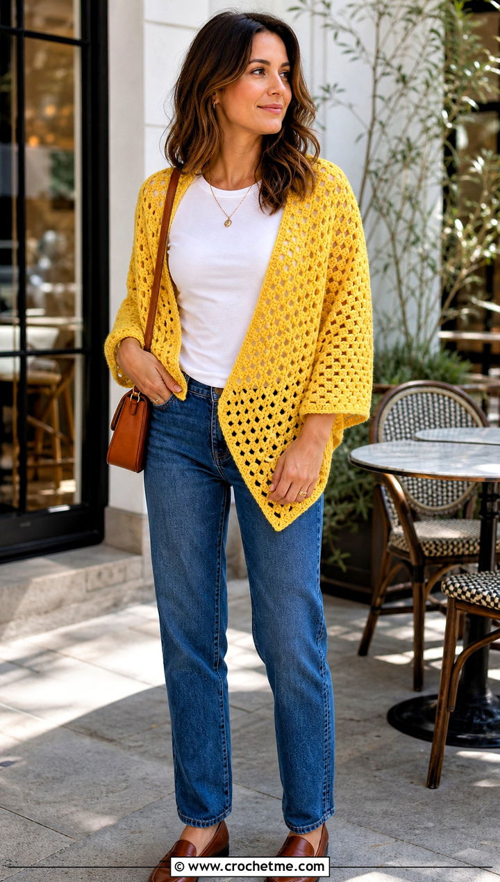 Granny Stitch Triangle Crochet Shawl With Jeans - 15 Never Ending Crochet Shawl outfit ideas