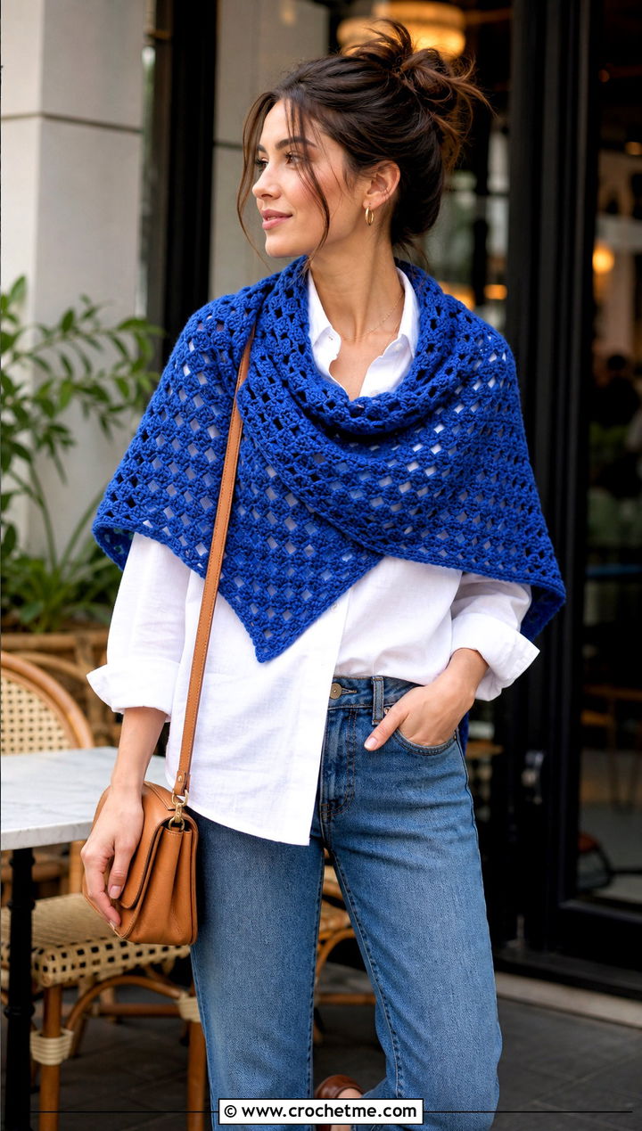 Granny Stitch Triangle Crochet Shawl With White Shirt And Jeans - 35 triangle crochet shawl outfit ideas