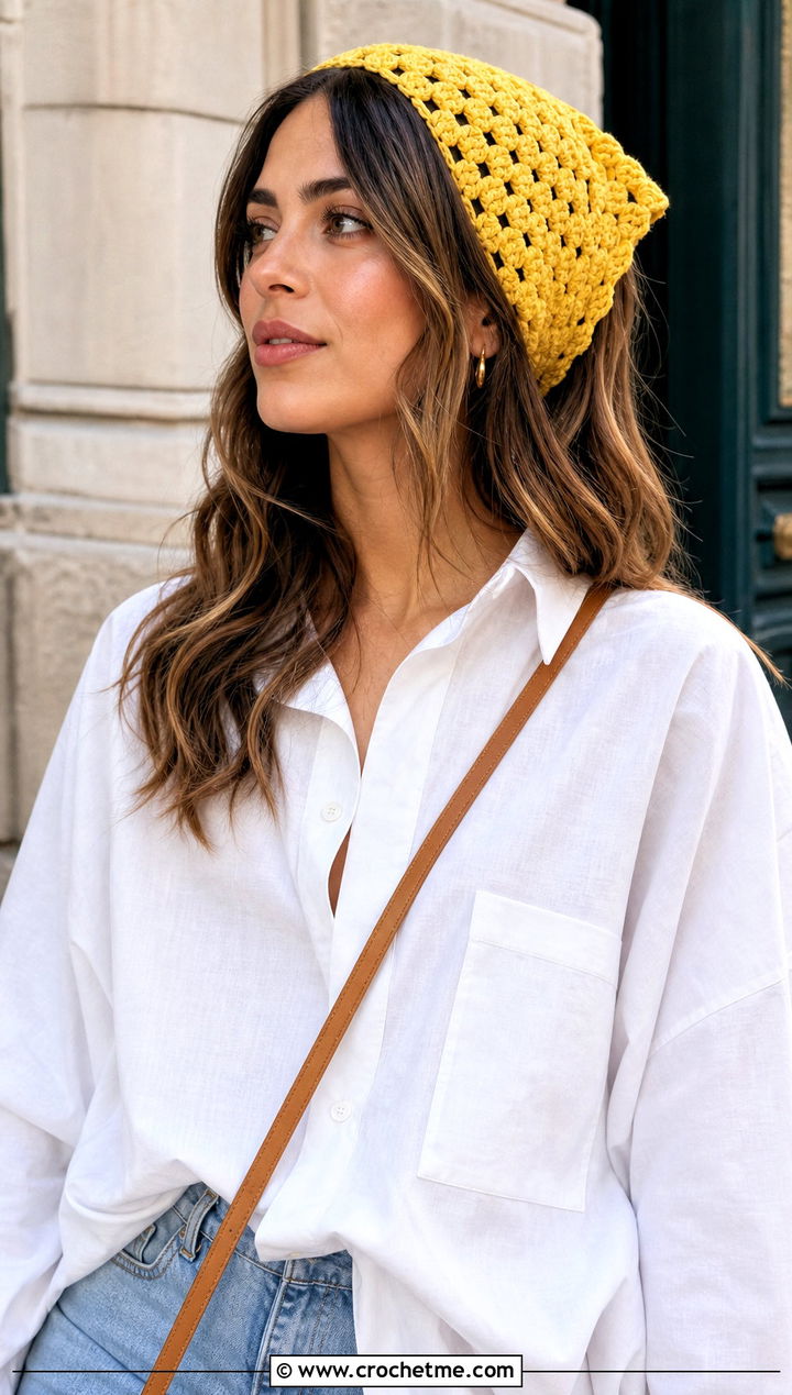 Granny Stitch Triangle Hair Wrap With White Shirt And Jeans - 30 crochet hair wraps outfit ideas