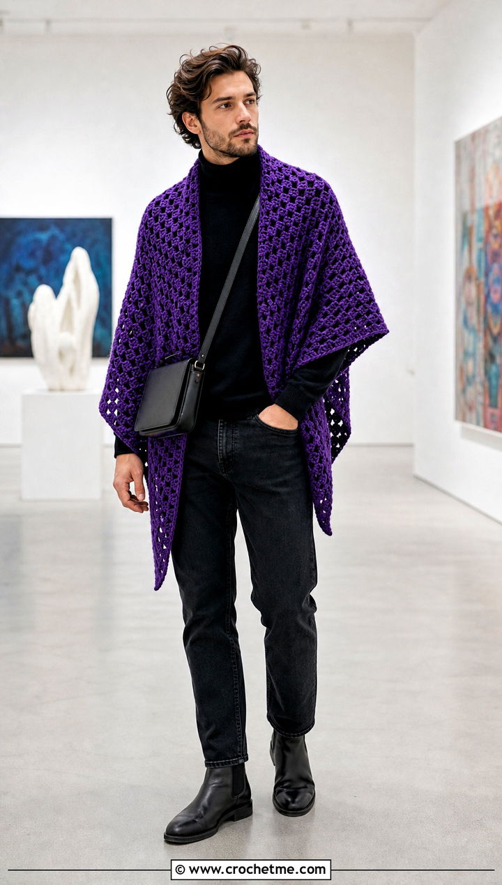 Granny Stitch Triangle Prayer Shawl With Turtleneck And Jeans - 20 Mens Crochet Prayer Shawl outfit ideas