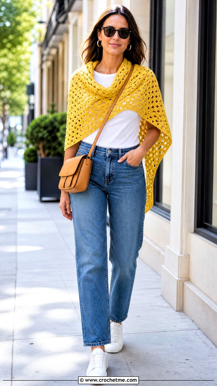 Granny Stitch Triangle Shawl With Jeans - 35 crochet triangle shawl outfit ideas