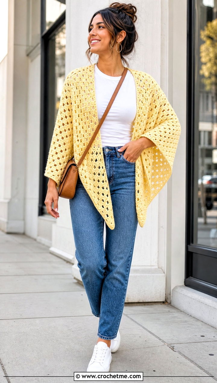 Granny Stitch Triangle Shawl With T Shirt And Jeans - 35 Easy Simple Crochet Triangle Shawl outfit ideas