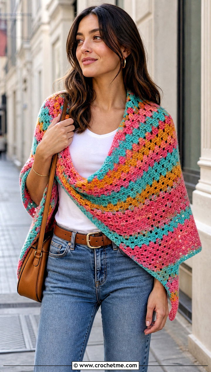 Granny Stitch Triangular Crochet Shawl With Jeans - 25 triangular crochet shawl outfit ideas