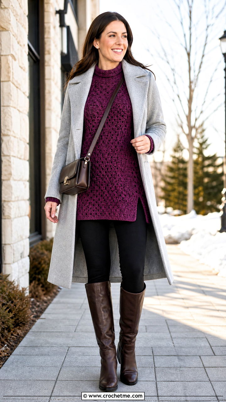 Granny Stitch Tunic Sweater With Leggings - 35 crochet granny stitch sweater outfit ideas