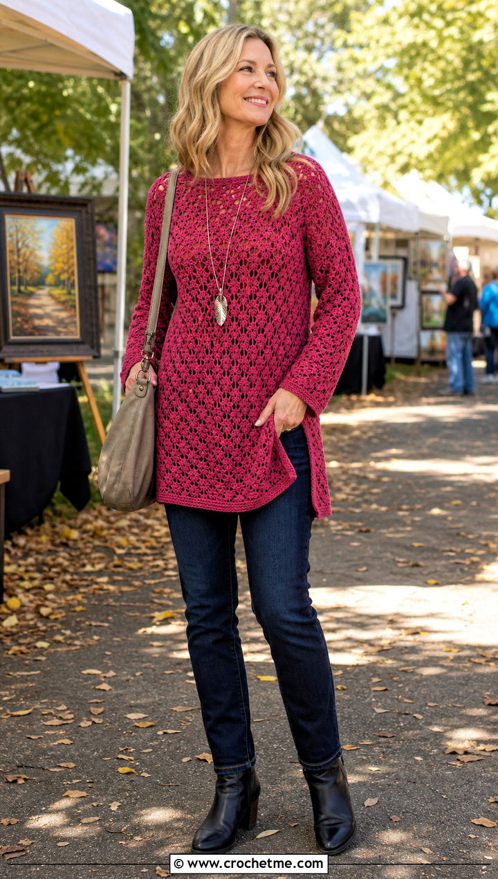 Granny Stitch Tunic Top With Slim Jeans - 35 crochet granny stitch top outfit ideas
