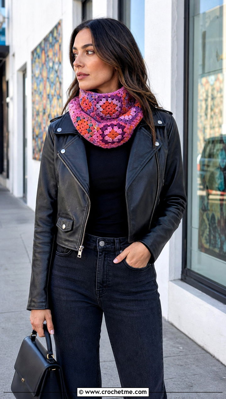 Granny Stitch Turtleneck Crochet Cowl With Leather Jacket - 25 Crochet Turtleneck Cowl outfit ideas
