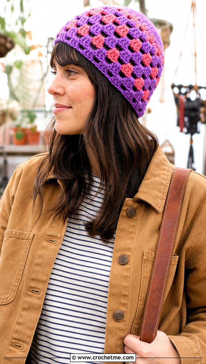 Granny Stitch Two Tone Crochet Beanie With Chore Jacket - 15 two tone crochet beanie outfit ideas