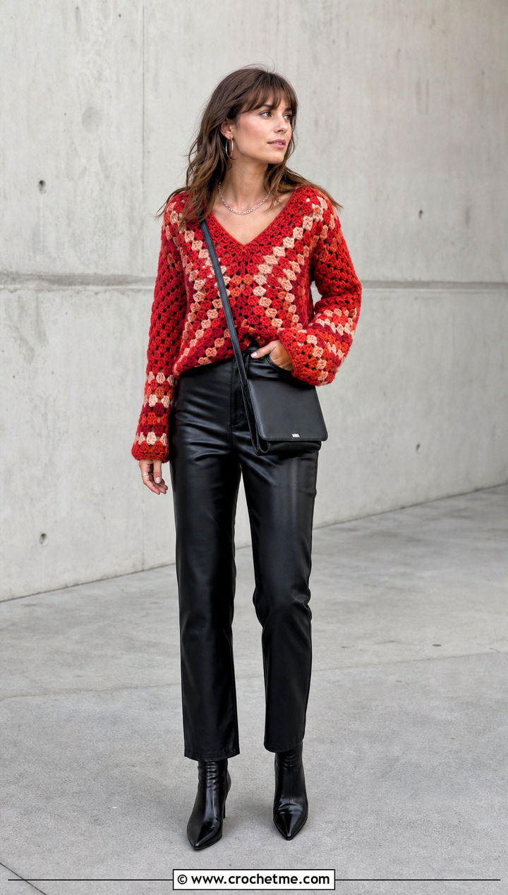 Granny Stitch V Neck Crochet Sweater With Leather Pants - 15 v-neck crochet sweater outfit ideas