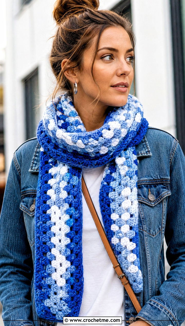 Granny Stitch Variegated Crochet Scarf With Denim Jacket - 25 Variegated Yarn Crochet Scarf outfit ideas