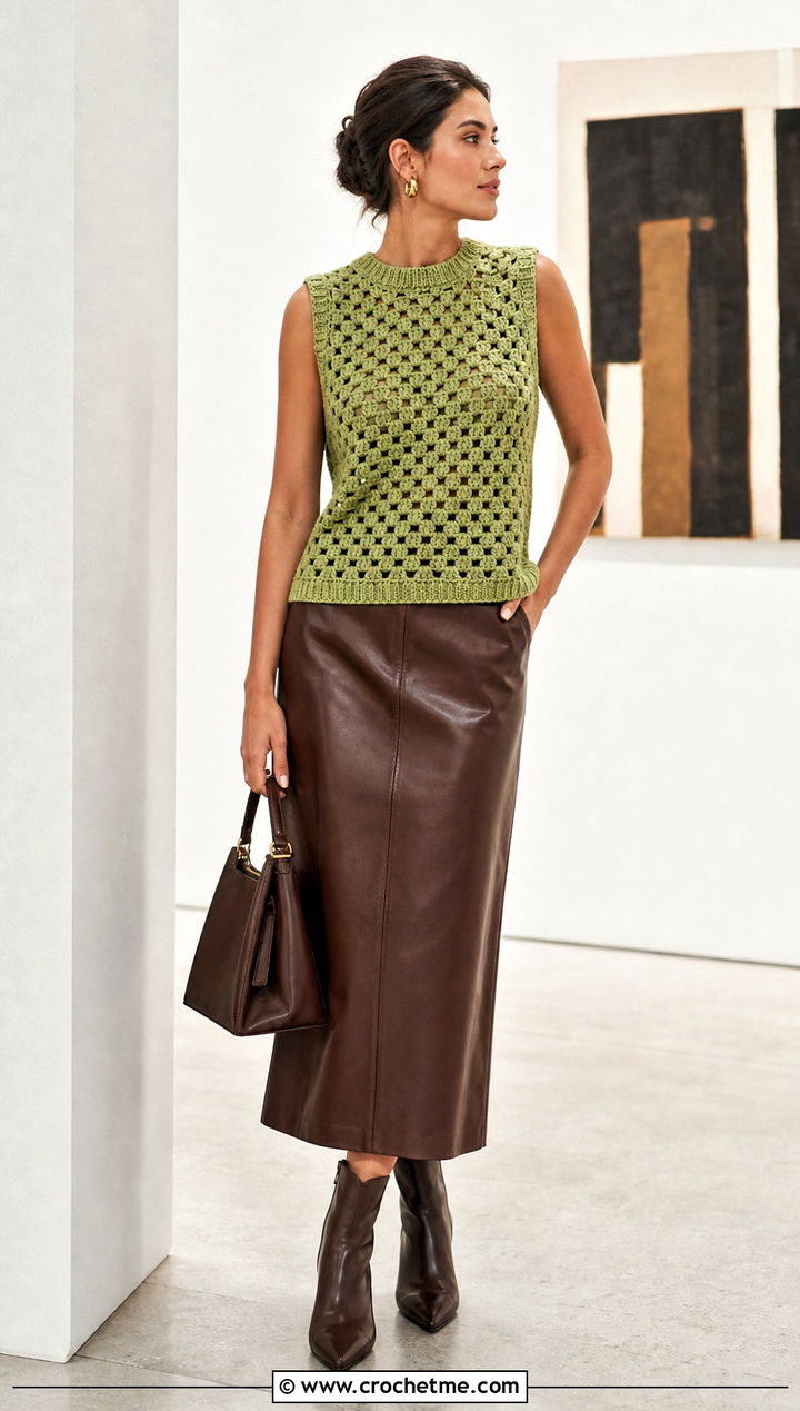 Granny Stitch Vest Top With Leather Midi Skirt - 35 crochet granny stitch top outfit ideas