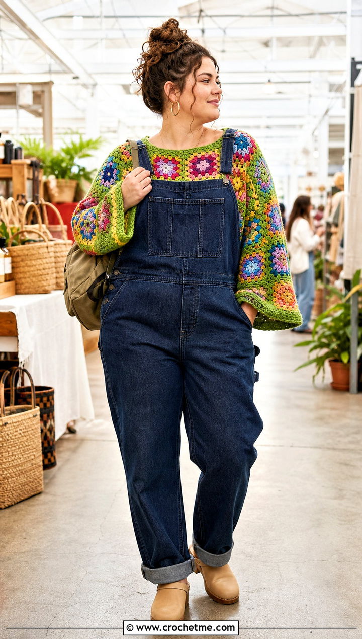 Granny Stitch Wide Neck Crochet Sweater With Overalls - 15 Crochet Wide Neck Sweater outfit ideas