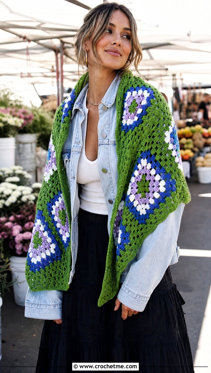 Granny Stitch Wingspan Shawl With Denim Jacket - 15 Crochet Wingspan Shawl outfit ideas