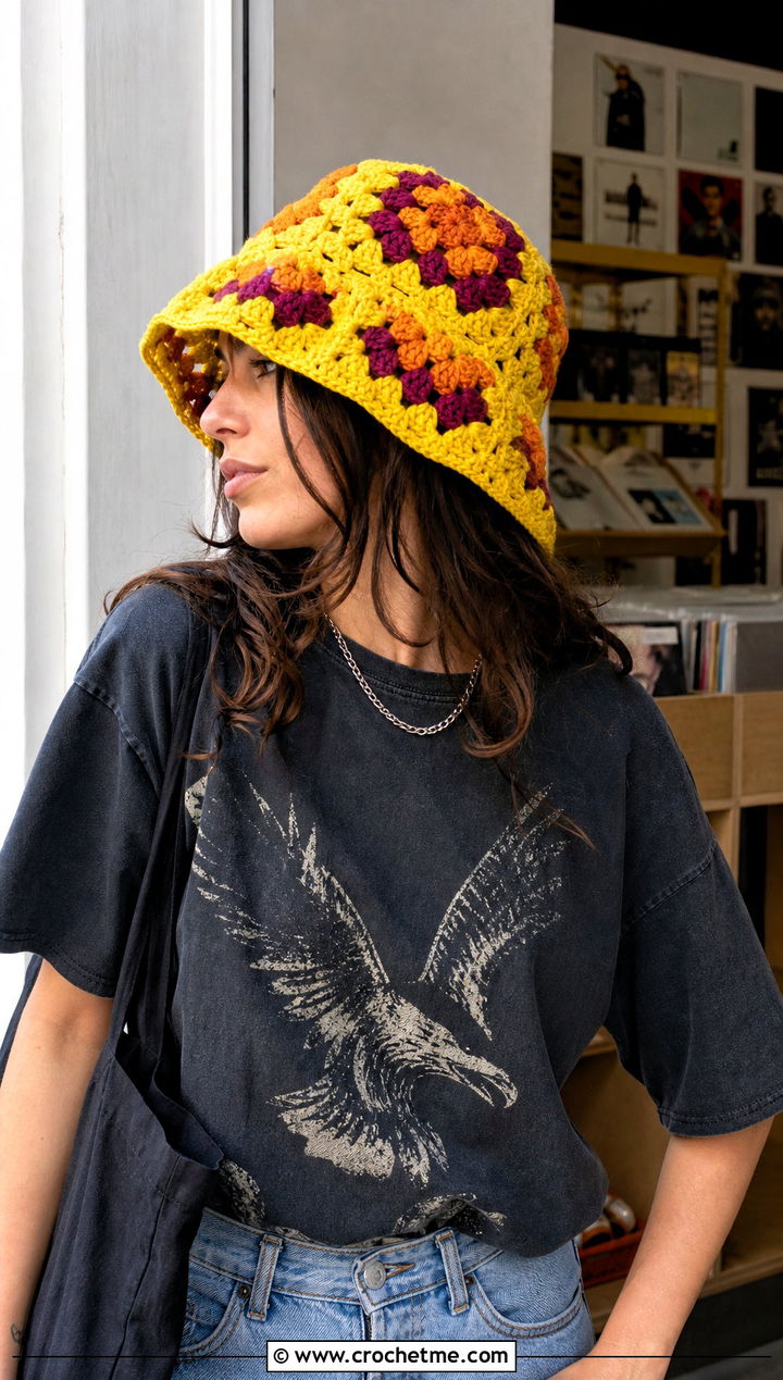 Granny Stitch Yellow Crochet Bucket Hat With Graphic Tee - 30 yellow crochet bucket hat outfit ideas
