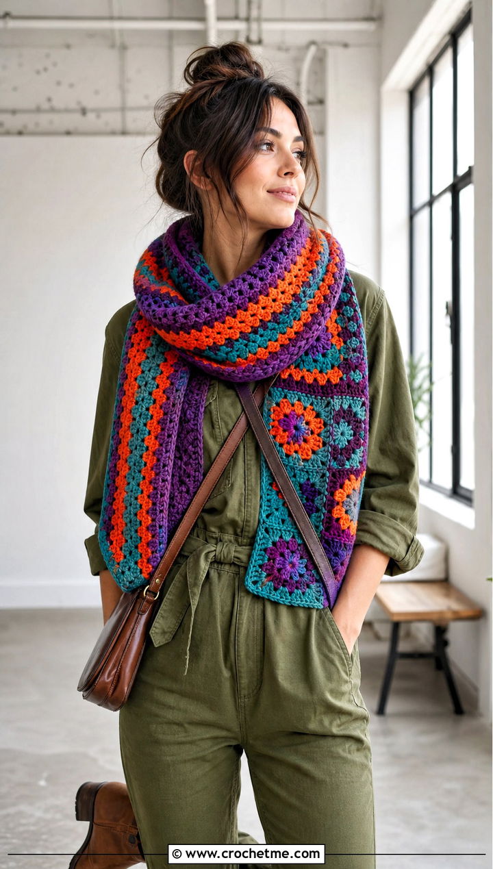 Granny Stripe And Square Scarf With Utility Jumpsuit - 30 crochet granny square scarf outfit ideas