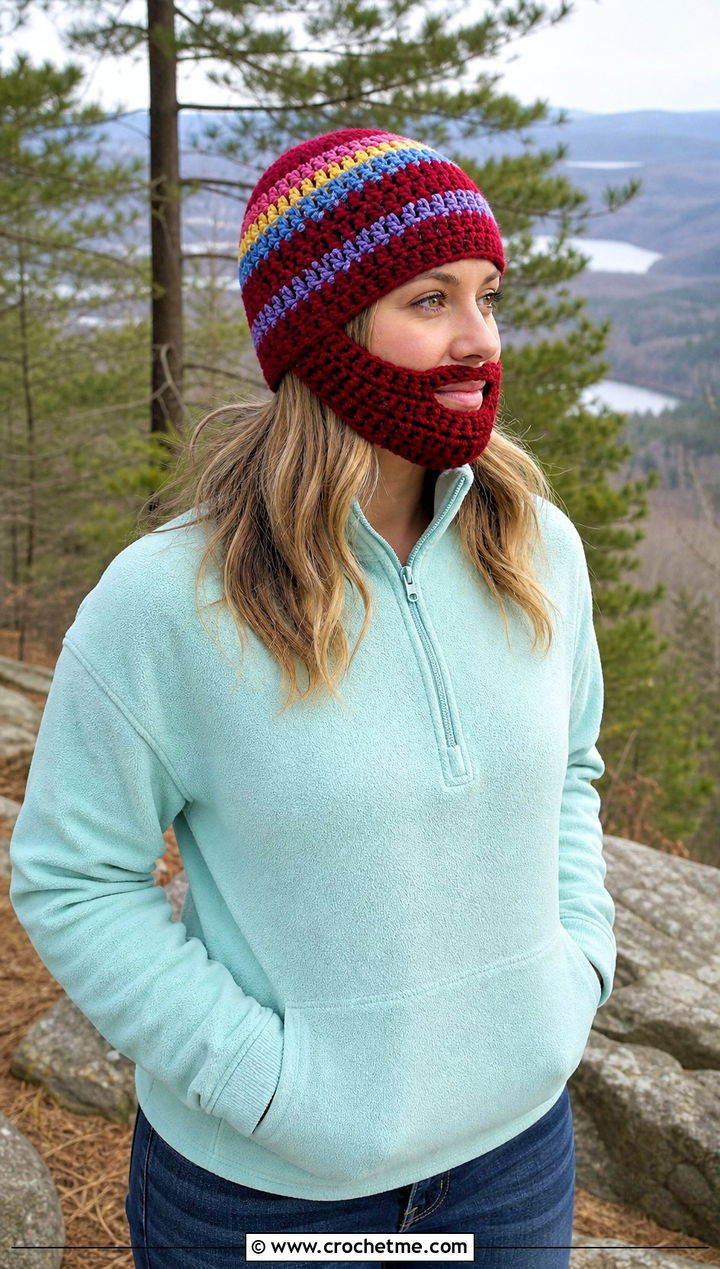 Granny Stripe Beard Crochet Beanie With Fleece Jacket - 25 Beard Crochet Hat outfit ideas