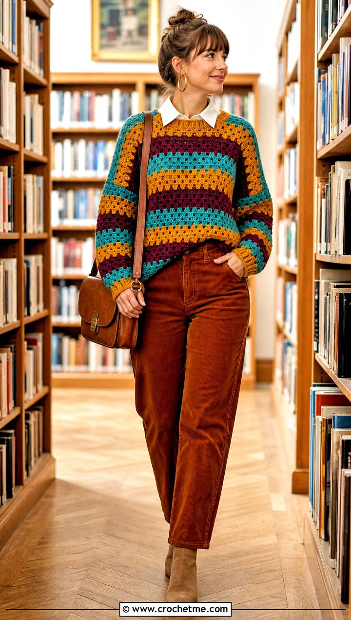 Granny Stripe Block Sweater With Corduroy Pants - 30 crochet block sweater outfit ideas
