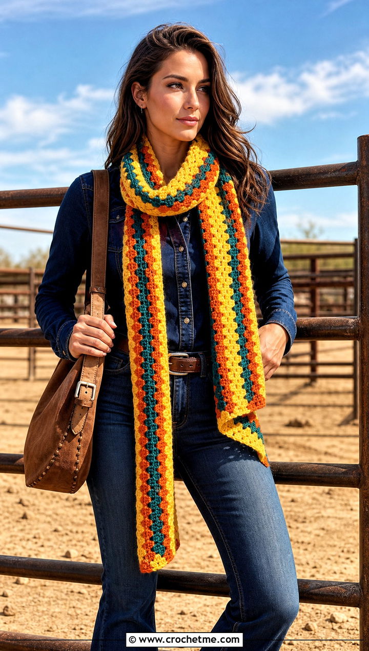 Granny Stripe Bonfire Scarf With Western Denim - 20 Crochet Bonfire Scarf outfit ideas