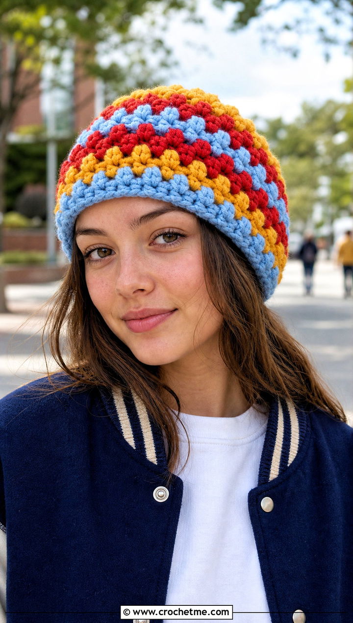 Granny Stripe Bulky Crochet Beanie With Varsity Jacket - 30 bulky crochet beanie outfit ideas