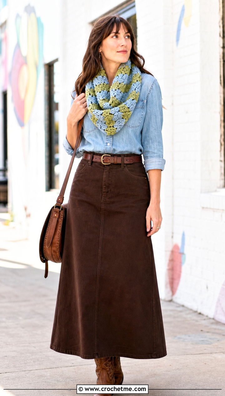 Granny Stripe Bulky Crochet Cowl With Denim Shirt - 20 Bulky Crochet Cowl outfit ideas