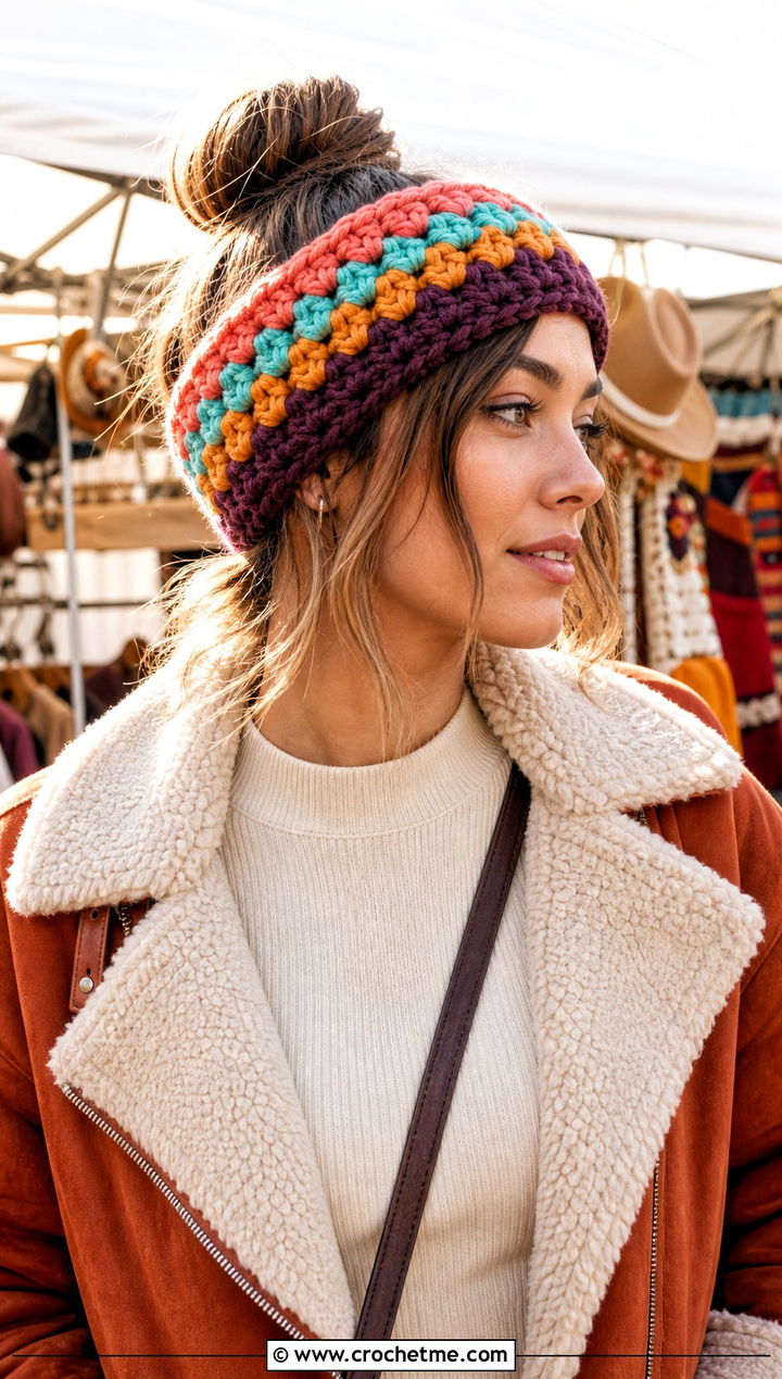 Granny Stripe Bulky Crochet Ear Warmer With Corduroy Outfit - 25 Bulky Crochet Ear Warmer outfit ideas
