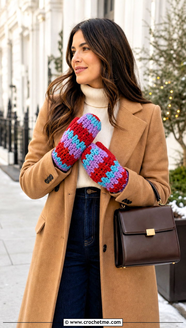 Granny Stripe Bulky Crochet Mittens With Camel Coat - 20 Crochet Mittens Bulky Yarn outfit ideas