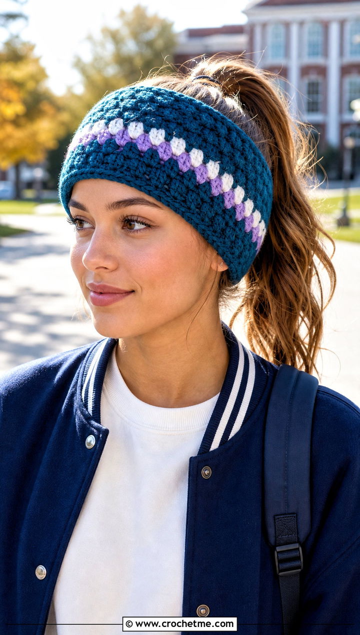 Granny Stripe Bulky Yarn Crochet Ear Warmer With Varsity Jacket - 20 Bulky Yarn Crochet Ear Warmer outfit ideas