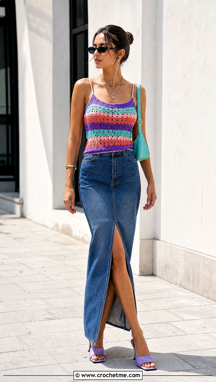 Granny Stripe Camisole With Denim Maxi Skirt - 35 crochet granny stitch top outfit ideas