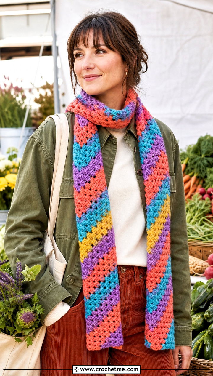 Granny Stripe Chevron Crochet Scarf With Chore Jacket - 25 Zig Zag Crochet Scarf outfit ideas