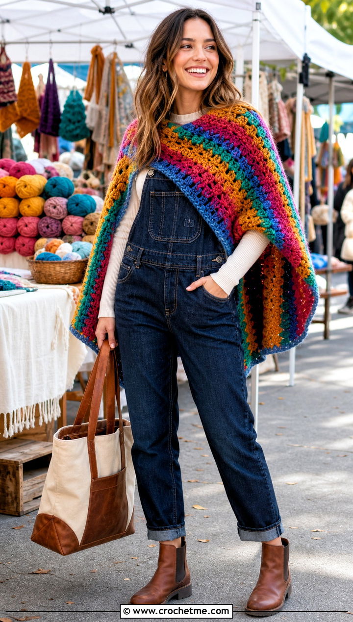 Granny Stripe Chunky Crochet Poncho With Overalls - 25 Chunky Yarn Crochet Poncho outfit ideas