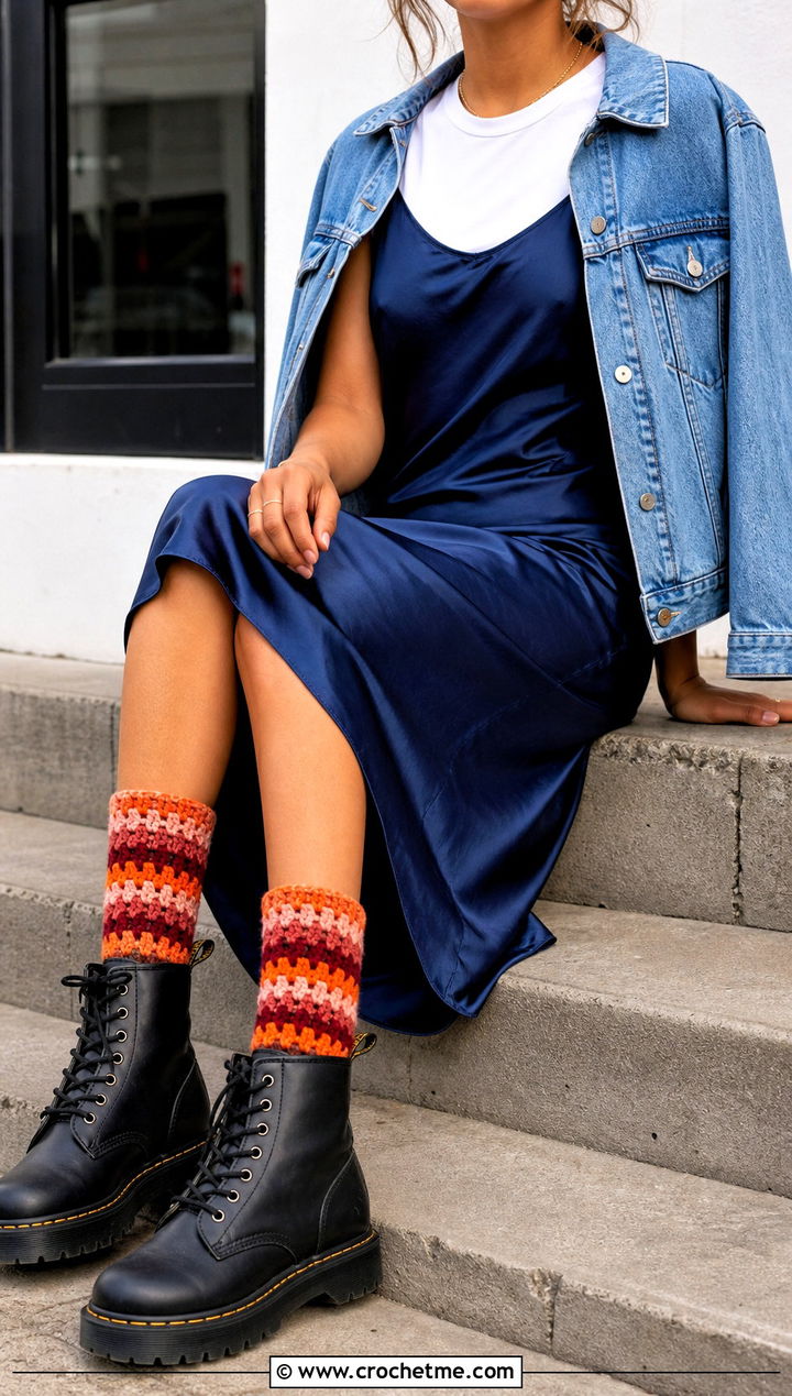 Granny Stripe Chunky Crochet Socks With Slip Dress - 25 Chunky Crochet Socks outfit ideas