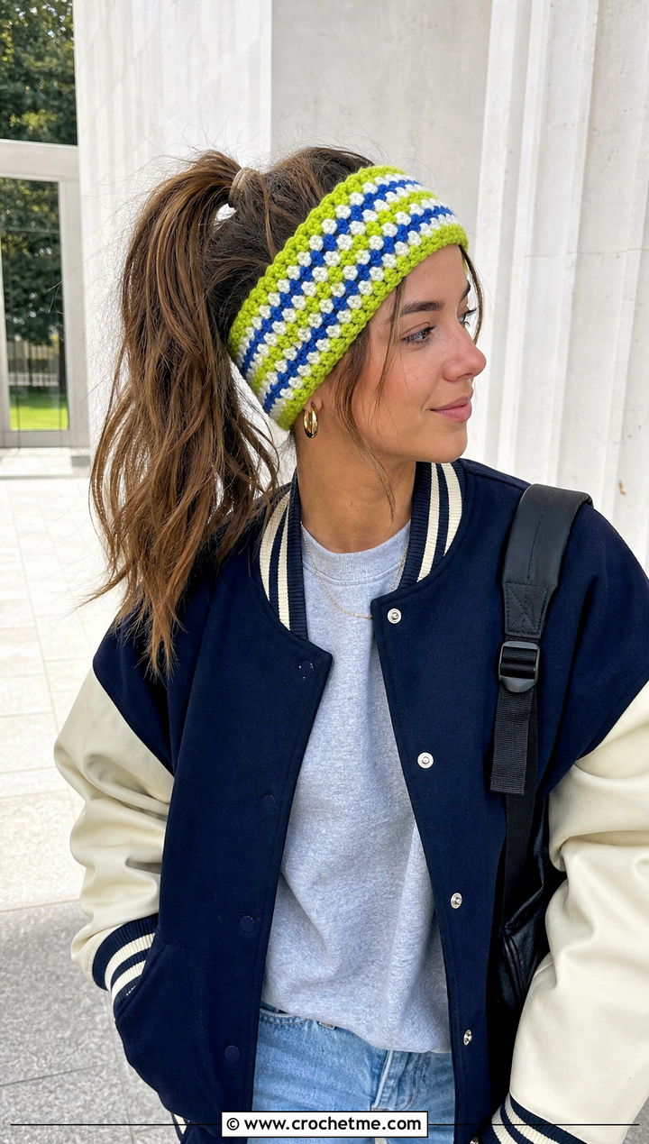 Granny Stripe Chunky Ear Warmer With Varsity Jacket - 25 Crochet Chunky Ear Warmer outfit ideas