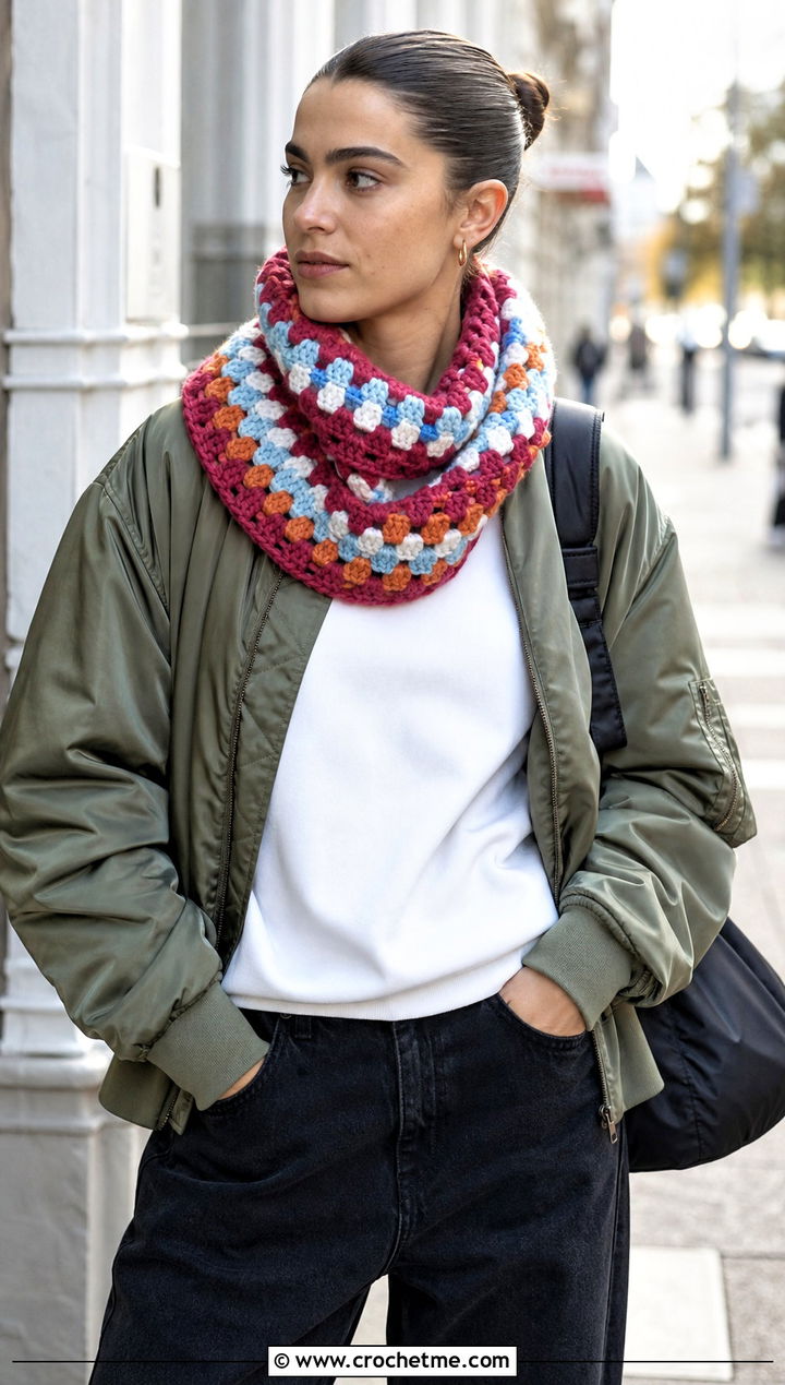 Granny Stripe Chunky Yarn Crochet Cowl With Bomber Jacket - 25 Chunky Yarn Crochet Cowl outfit ideas