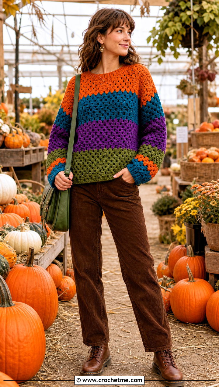 Granny Stripe Color Block Crochet Sweater With Corduroy Pants - 25 Color Block Crochet Sweater outfit ideas