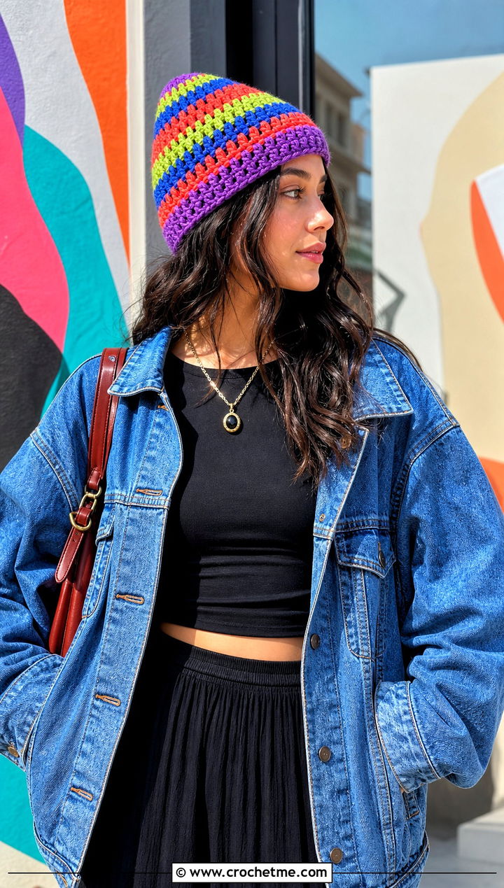 Granny Stripe Cone Crochet Hat With Denim Jacket And Maxi Skirt - 25 pointy crochet hat outfit ideas