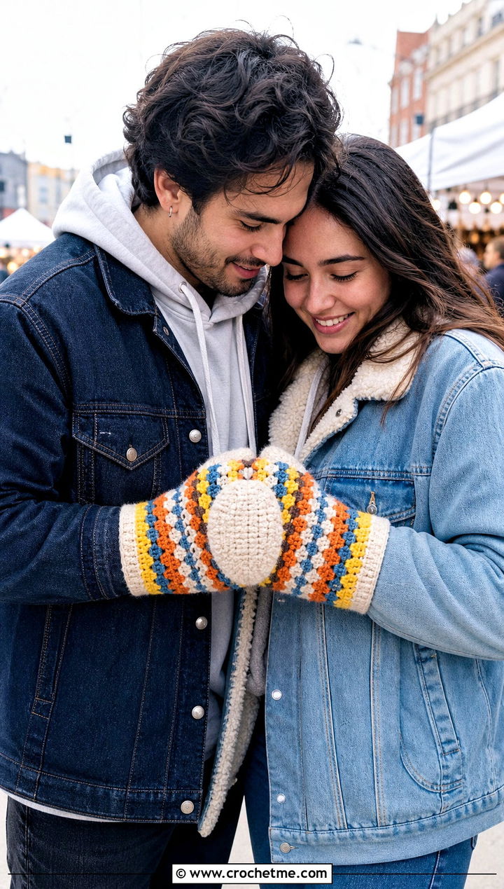 Granny Stripe Couple Mittens With Denim Jackets - 25 crochet couple mittens outfit ideas