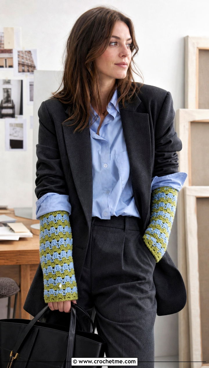 Granny Stripe Crochet Arm Warmers With Blazer And Trousers - 15 Striped Crochet Arm Warmers outfit ideas