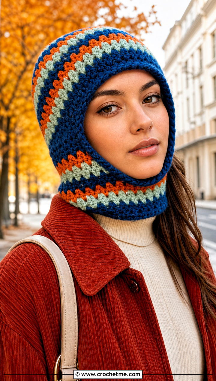 Granny Stripe Crochet Balaclava Hat With Corduroy Outfit - 25 crochet balaclava hat outfit ideas