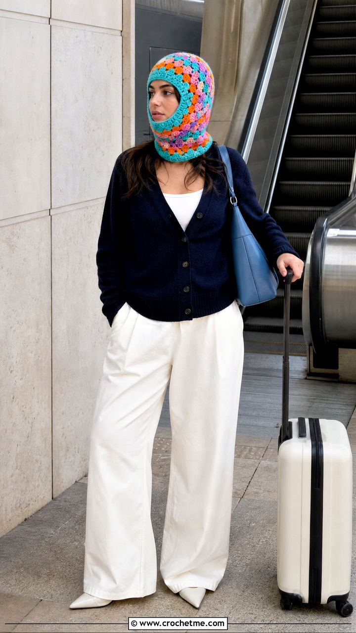 Granny Stripe Crochet Balaclava With Cardigan And Wide Leg Pants - 35 crochet balaclava outfit ideas