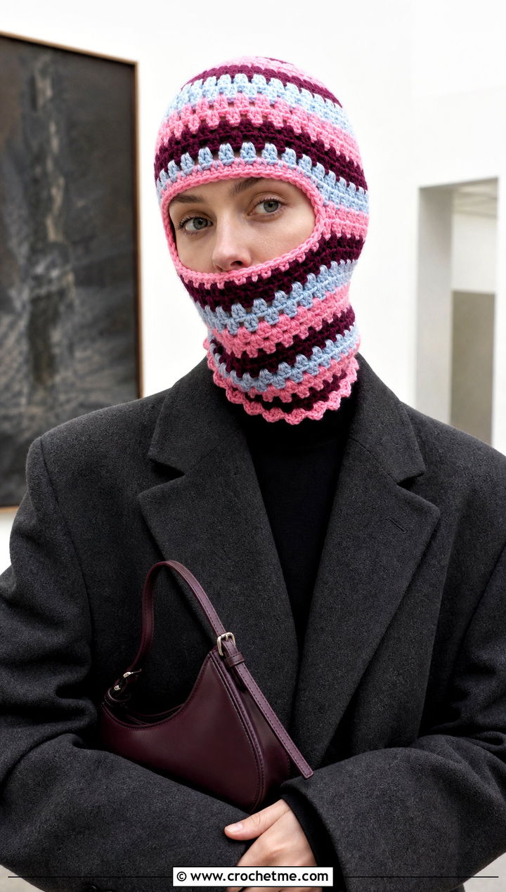 Granny Stripe Crochet Balaclava With Wool Coat - 15 Striped Crochet Balaclava outfit ideas