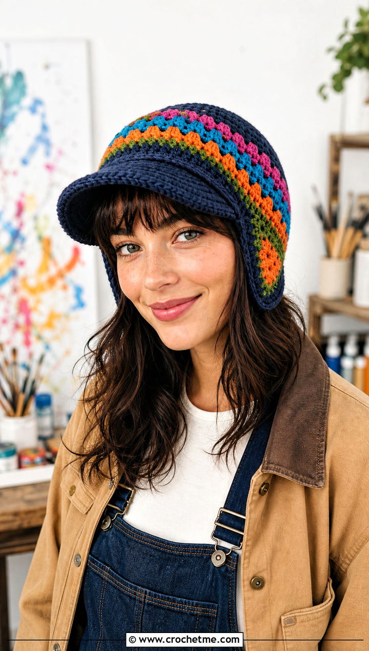 Granny Stripe Crochet Baseball Hat Ear Warmer With Overalls - 25 Crochet Baseball Hat Ear Warmer outfit ideas