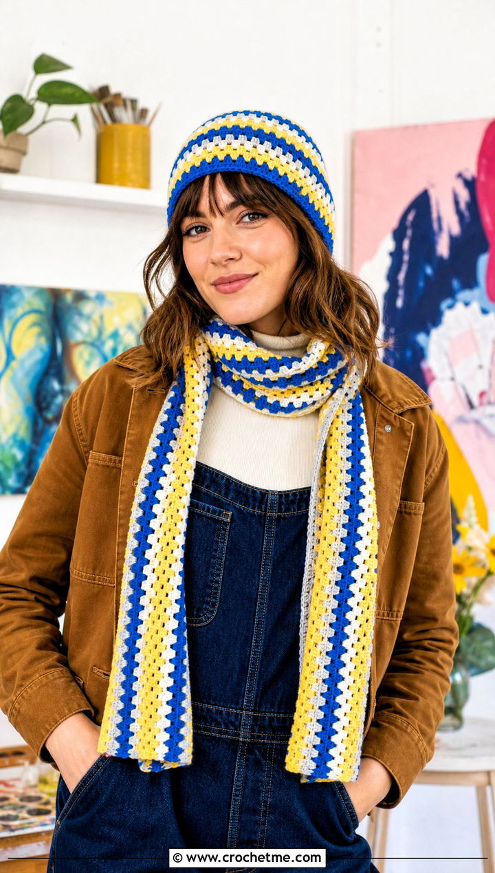 Granny Stripe Crochet Beanie And Scarf Set With Overalls - 30 crochet beanie and scarf set outfit ideas