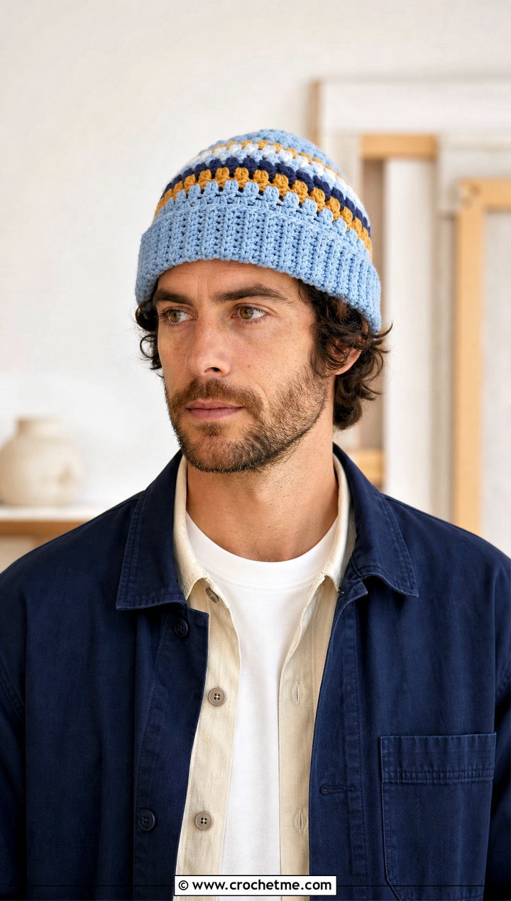 Granny Stripe Crochet Beanie With Chore Coat - 30 crochet man beanie outfit ideas